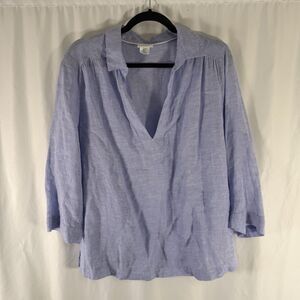 Sigrid Olsen 100% Linen Blouse Women's Large Blue V-Neck Collared 3/4 Sleeve